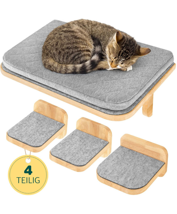 Katzen Kletterwand Wandkratzbaum + Liegeplattform Set Massivholz 4-teilig bis 45Kg