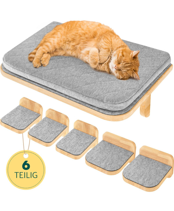 Katzen Kletterwand Wandkratzbaum + Liegeplattform Set Massivholz 6-teilig bis 45Kg