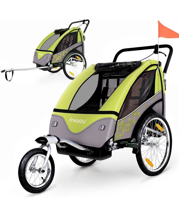 FROGGY Remorque Enfant pour vélo + jogger 2en1, pour jusqu'à 2 enfants, vert pomme