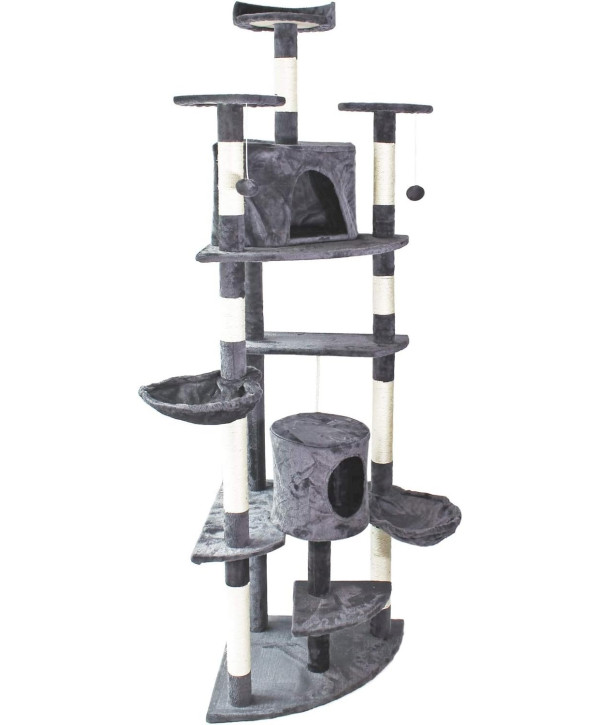 Wiltec Arbre à chat d‘angle Gris 210cm Plateforme, hamacs, Niches et balles de Jeu