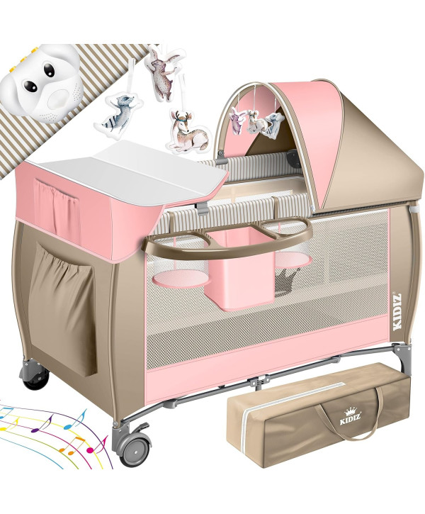 Kidiz Babybett 3 in 1 zusammenklappbar mit Wickelauflage, Moskitonetz und Laufstall - rosa