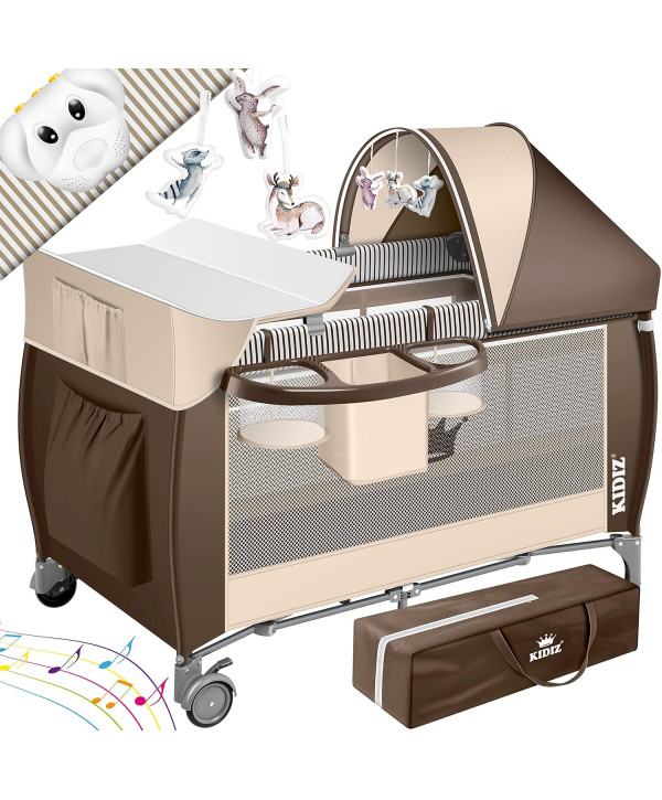 Kidiz Babybett 3 in 1 zusammenklappbar mit Wickelauflage, Moskitonetz und Laufstall - braun