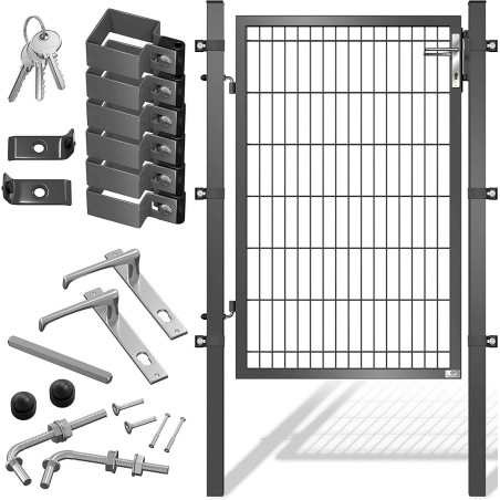 Porte de jardin en acier galvanisé anthracite 140 x 106 cm, portail avec poteaux avec serrure, poignée de porte et clé br