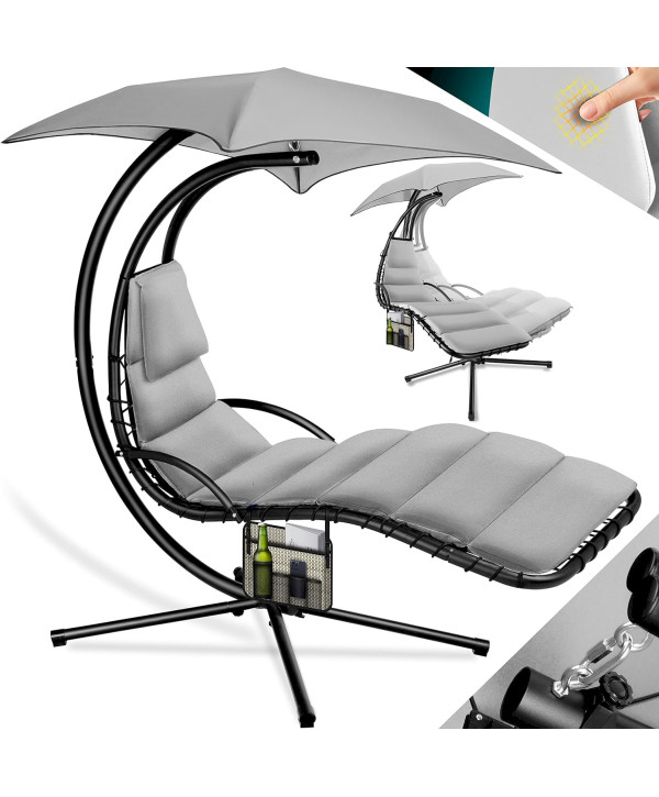 Chaise longue suspendue à bascule avec parasol jusqu'à 120kg gris