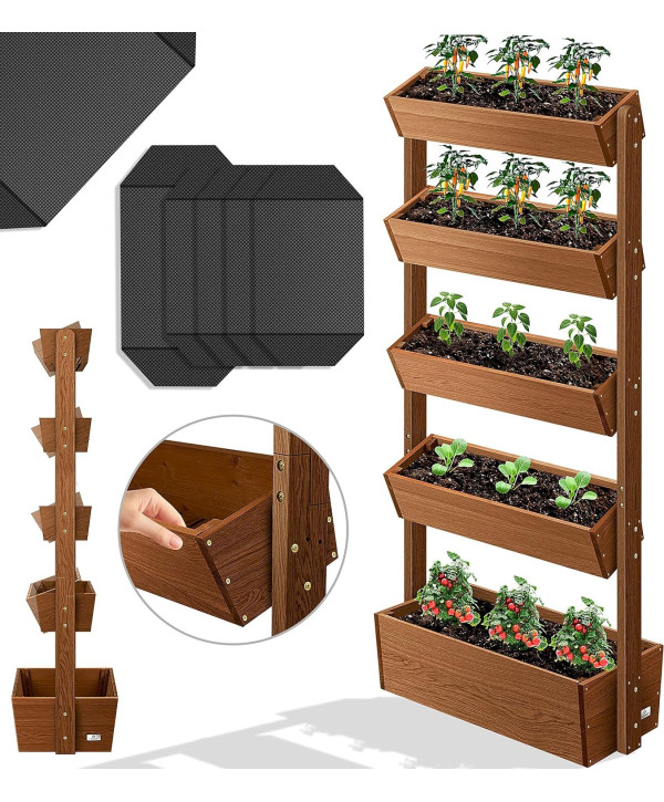 Hochbeet mit 5 Etagen Blumenkasten mit Gartenvlies braun