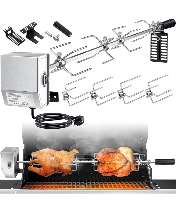 Motor-Grillspieß Set Edelstahl BBQ 116cm mit 4 Fleischnadeln silber