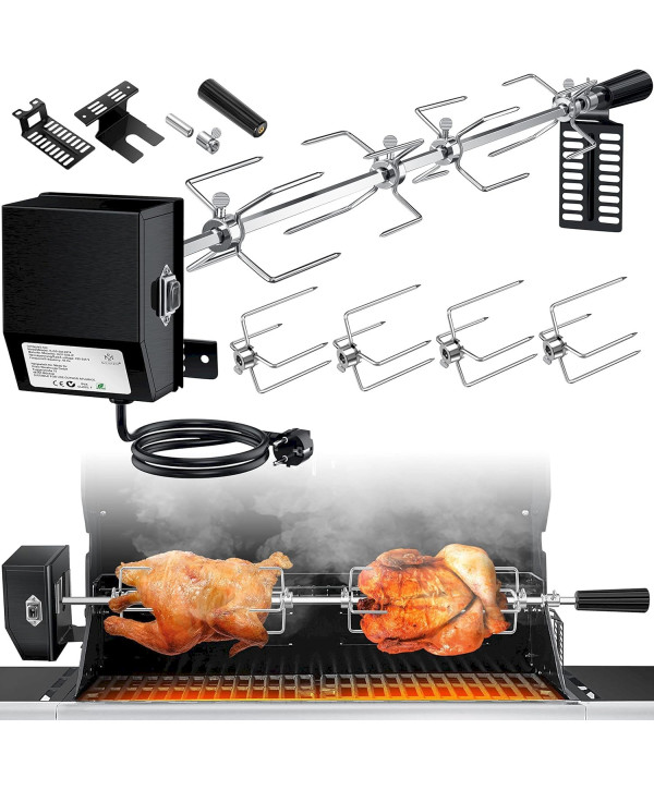 Motor-Grillspieß Set Edelstahl BBQ 116cm mit 4 Fleischnadeln schwarz