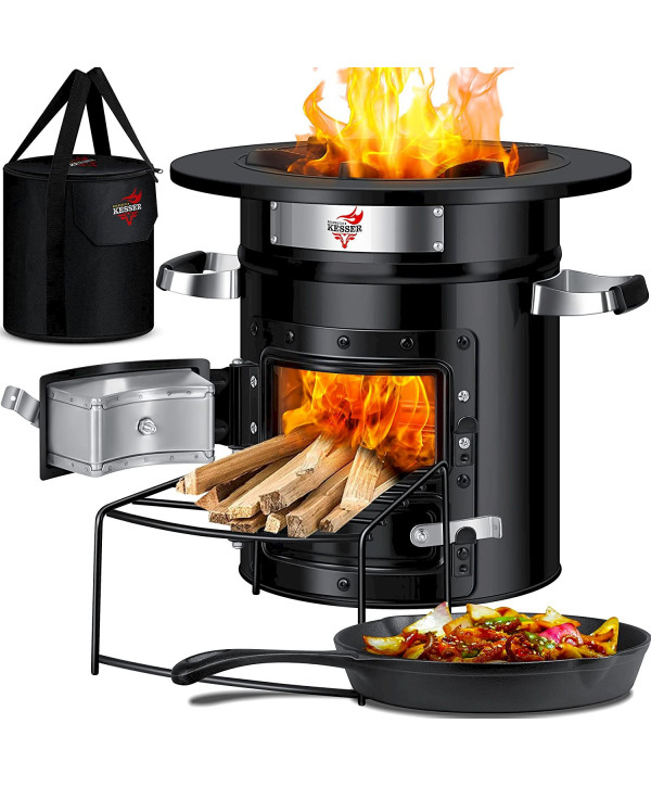 KESSER Raketenofen Gusseisen Holzofen Tragetasche Dutch Oven Inkl. Grillpfanne Schwarz