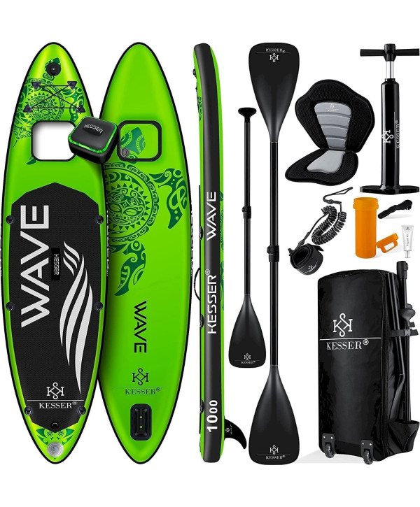 Aufblasbare SUP Set AQUA 320x76x15cm max 130kg Stand Up Paddle mit Action Cam Halterung grün