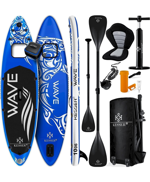 Aufblasbare SUP Set AQUA 366x77x15cm max 130kg Stand Up Paddle mit Action Cam Halterung blau