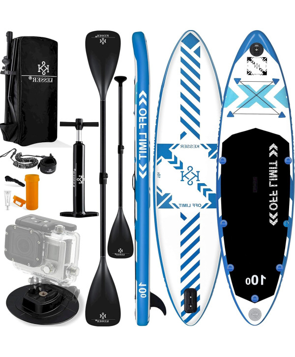 Aufblasbare SUP Set LIMIT 320x76x15cm max 130kg Stand Up Paddle mit Action Cam Halterung weiss/blau