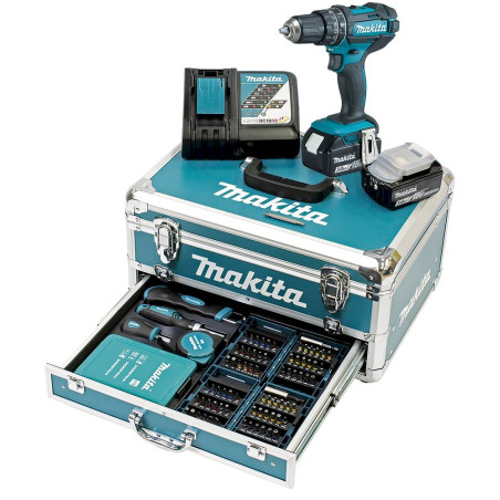 Makita DHP482RFX9 Akku-Schlagbohrschrauber 2x 3,0 Ah Akkus + Koffer + 96-tlg. Zubehör