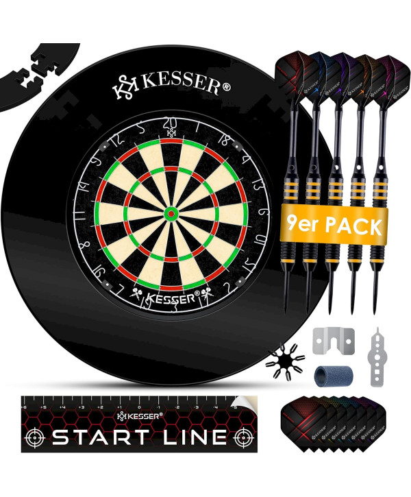 KESSER Profi Dartscheibe Steeldarts SET + Schutzring Schwarz